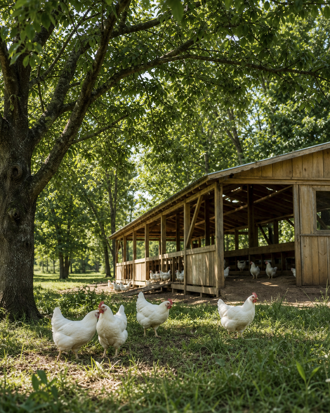 Hens and an airy timber shelter under mature trees