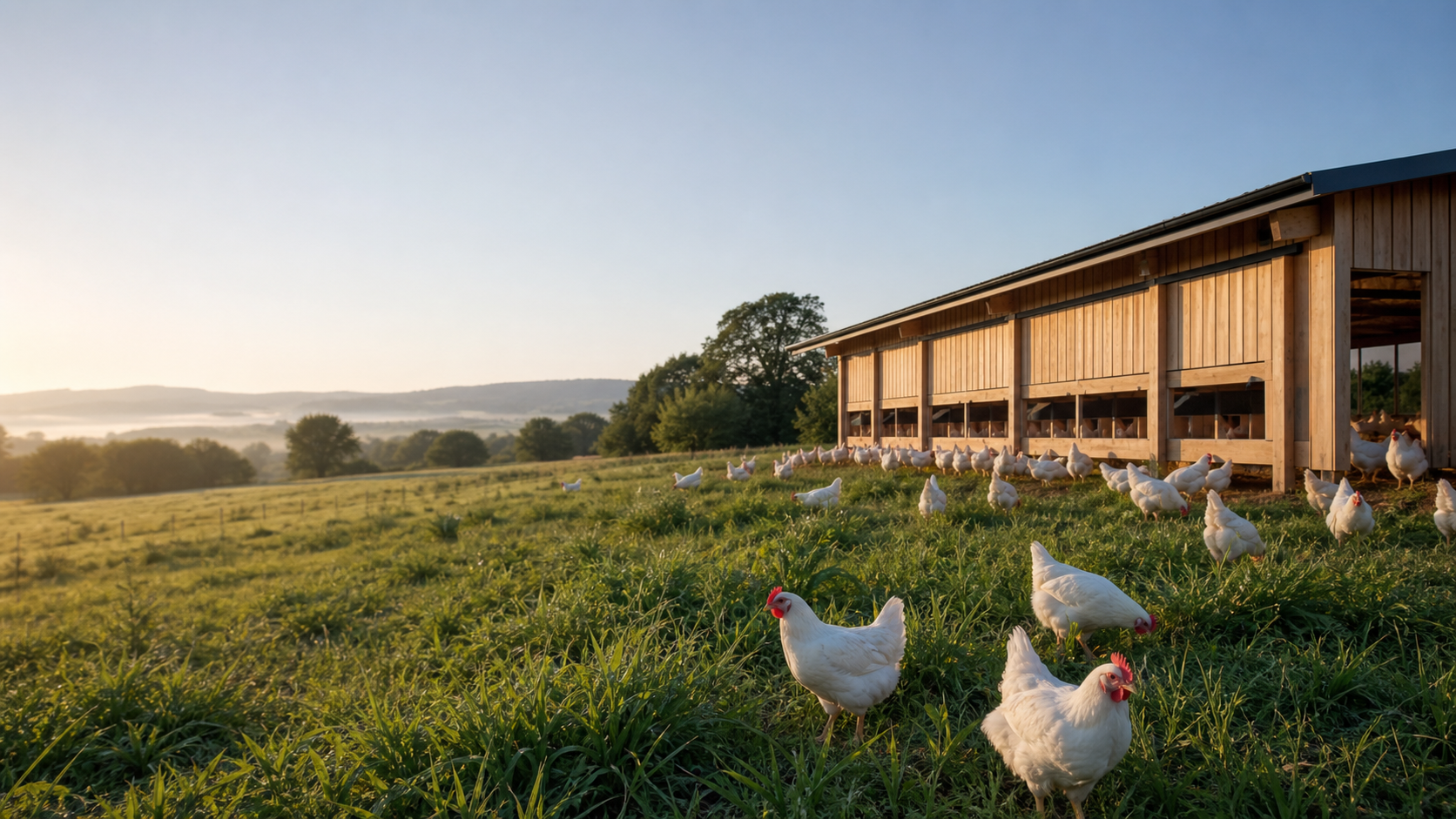 Free-range hens walking through a green farm at sunrise